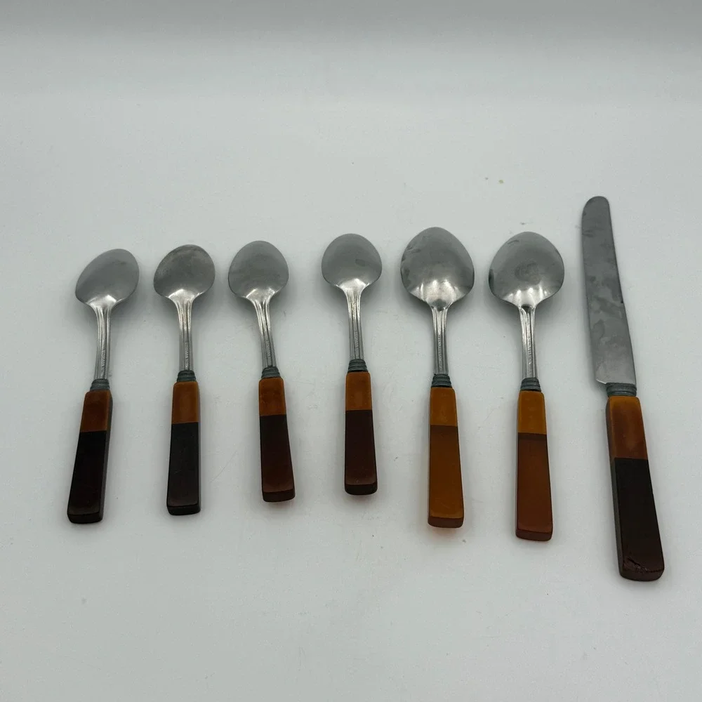 Vintage Bakelite Handle Flatware Set 7pc Stainless Steel Mixed Spons Knife MCM
